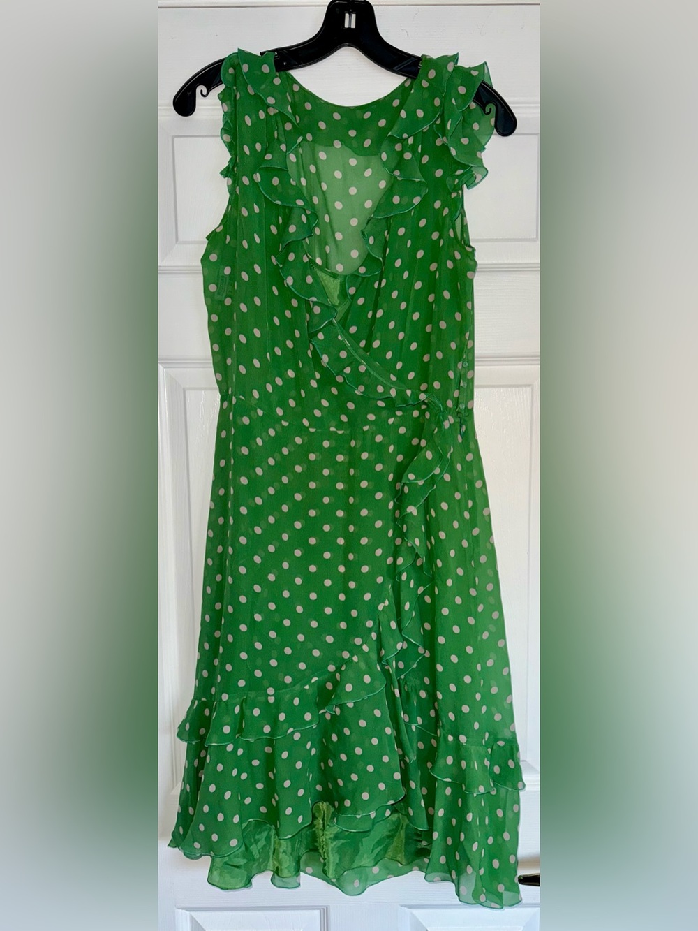 2pc VINTAGE MOSCHINO Cheap & Chic 100% Silk Green Polka Dot Ruffle Slip Dress 10